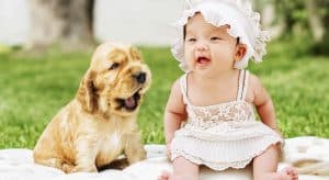 Photo of cute puppy dog yawning sitting beside a baby girl wearing a sun hat