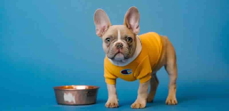 Photo of a French Bulldog wearing a yellow jersey standing by a dog food bowl